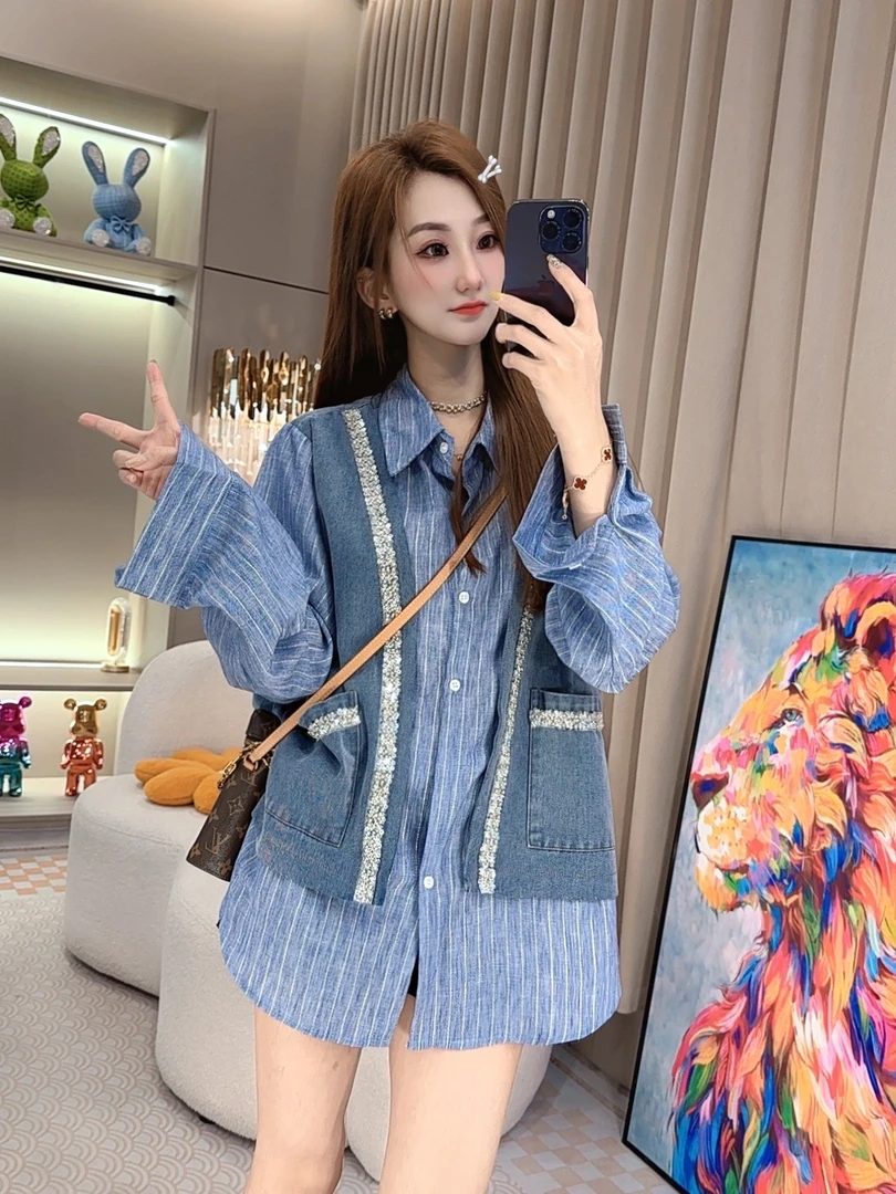 轻奢百搭时尚休闲重工设计感牛仔拼接中长款衬衫