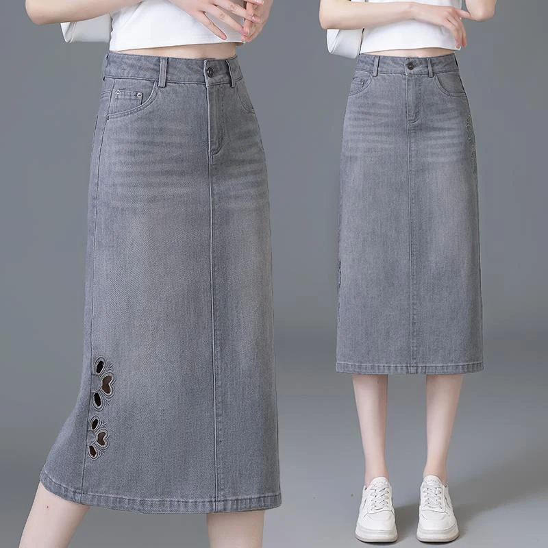 灰色刺绣水洗牛仔半身裙2025春夏新款后开叉A字裙一步包臀裙子女