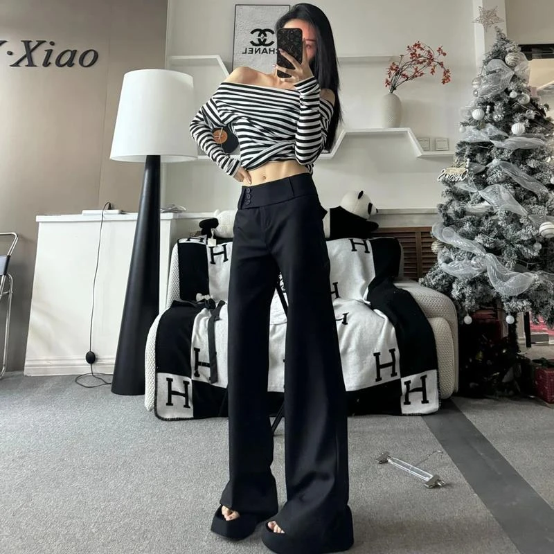 费思·face/黑色微喇西装裤薄款喇叭裤低腰辣妹拖地阔腿裤加长裤