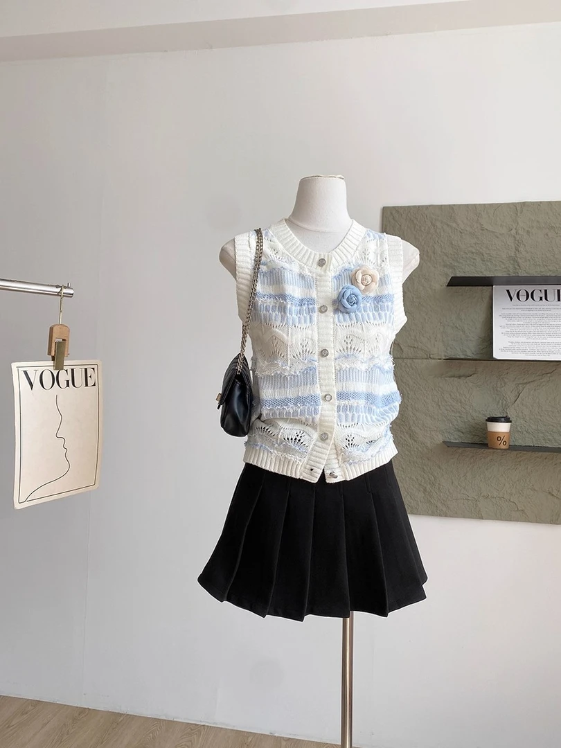 韩版小众设计感镂空针织衫无袖背心女夏新款修身气质显瘦开衫上衣