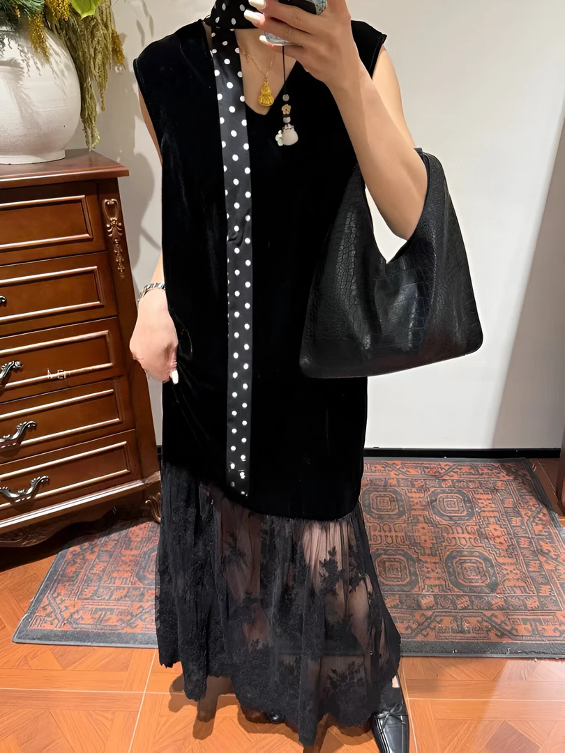 真丝丝绒拼接无袖蕾丝连衣裙烧花连衣裙无袖连衣裙