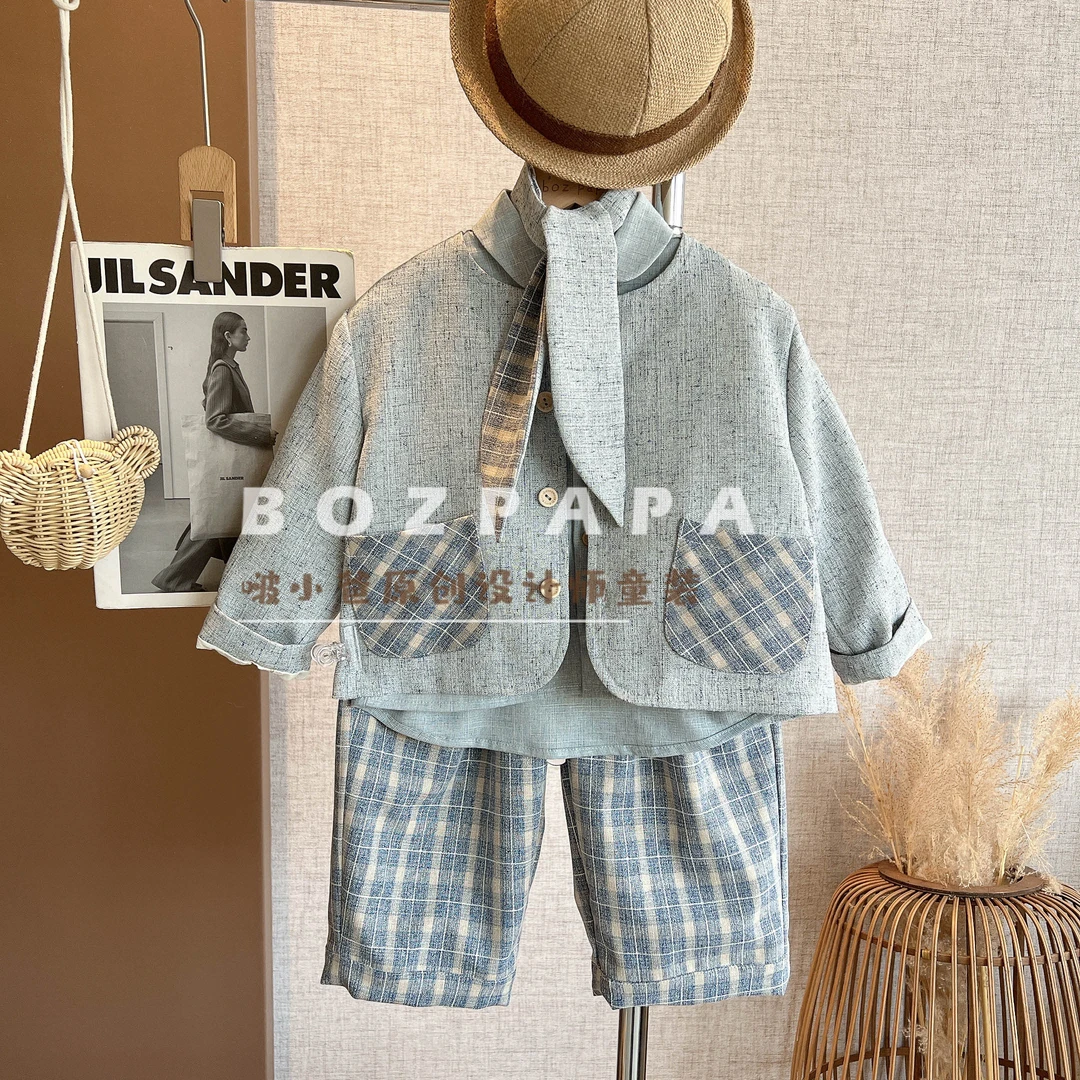 现货啵小爸【蓝色钢琴海】2025春季男童韩系休闲格纹拼接外套两件套
