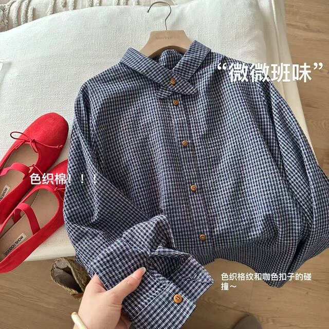 小文姐 W1103-春夏休闲百搭时尚格子小个子设计感长袖衬衫上衣