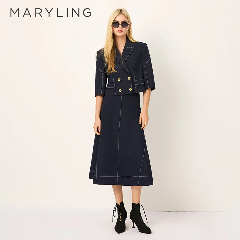 MARYLING玛俪琳2025初春新品深灰蓝收腰大A型裙摆半裙A1FAW72550