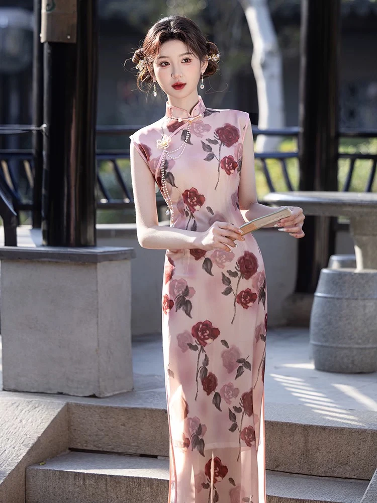 粉色国风旗袍无袖绝美夏季少女年轻款连衣裙2025年新款订婚新中式