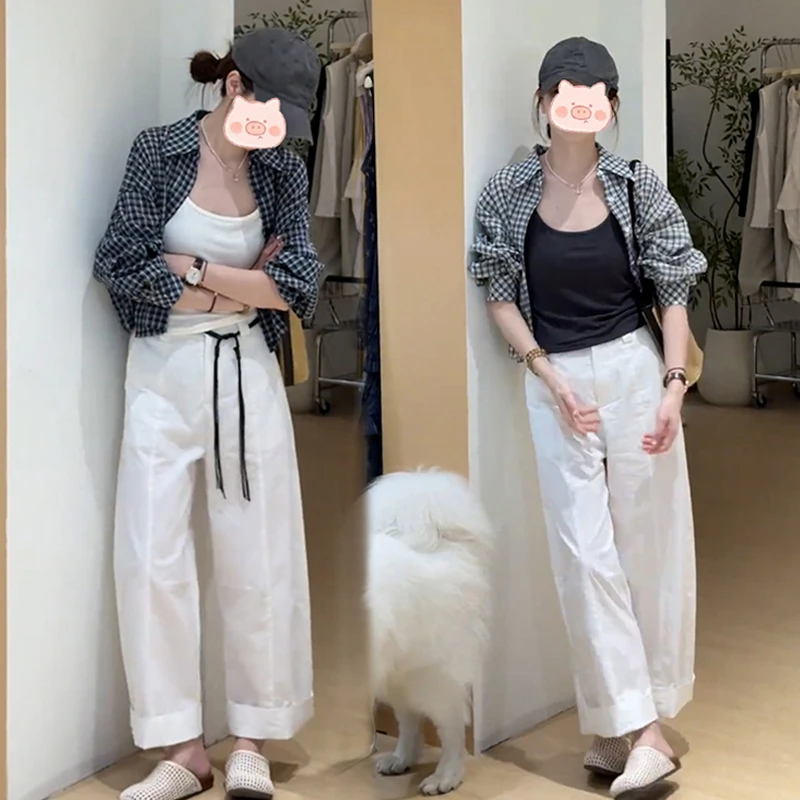 秋季穿搭韩系设计感格子衬衫高腰阔腿裤套装女2025夏季新一整套