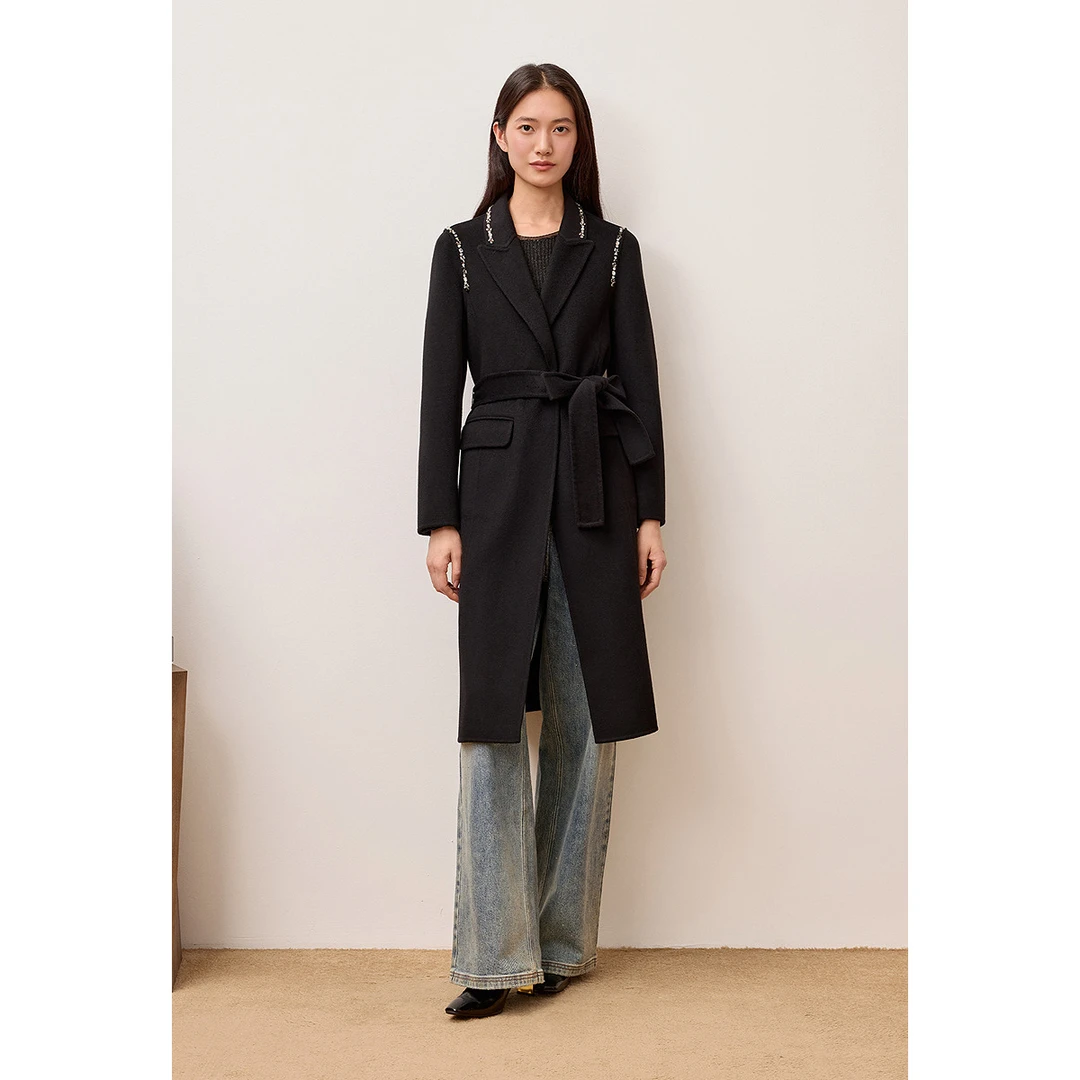 OBBLIGATO奥丽嘉朵2025烫钻收腰绵羊毛羊绒大衣1C65580580