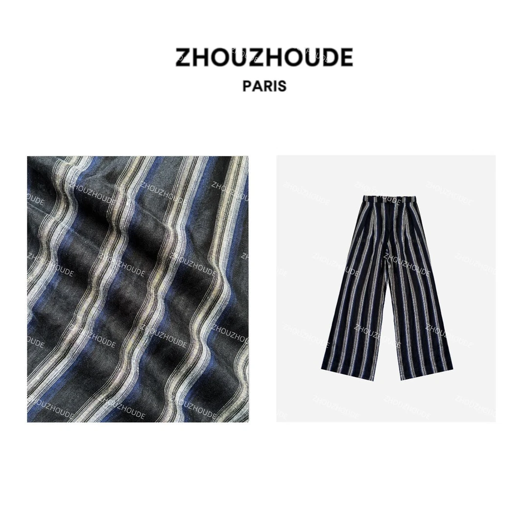 ZHOUZHOUDE【南岛竖条】法式慵懒风设计感条纹抽绳亚麻高腰直筒裤