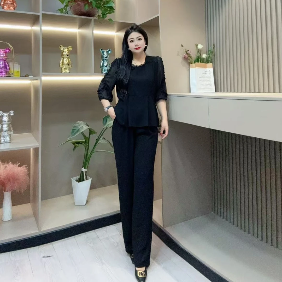 夏季两件套-酷 3495时尚洋气气质菲边盘扣潮流款胖MM大码女装新款