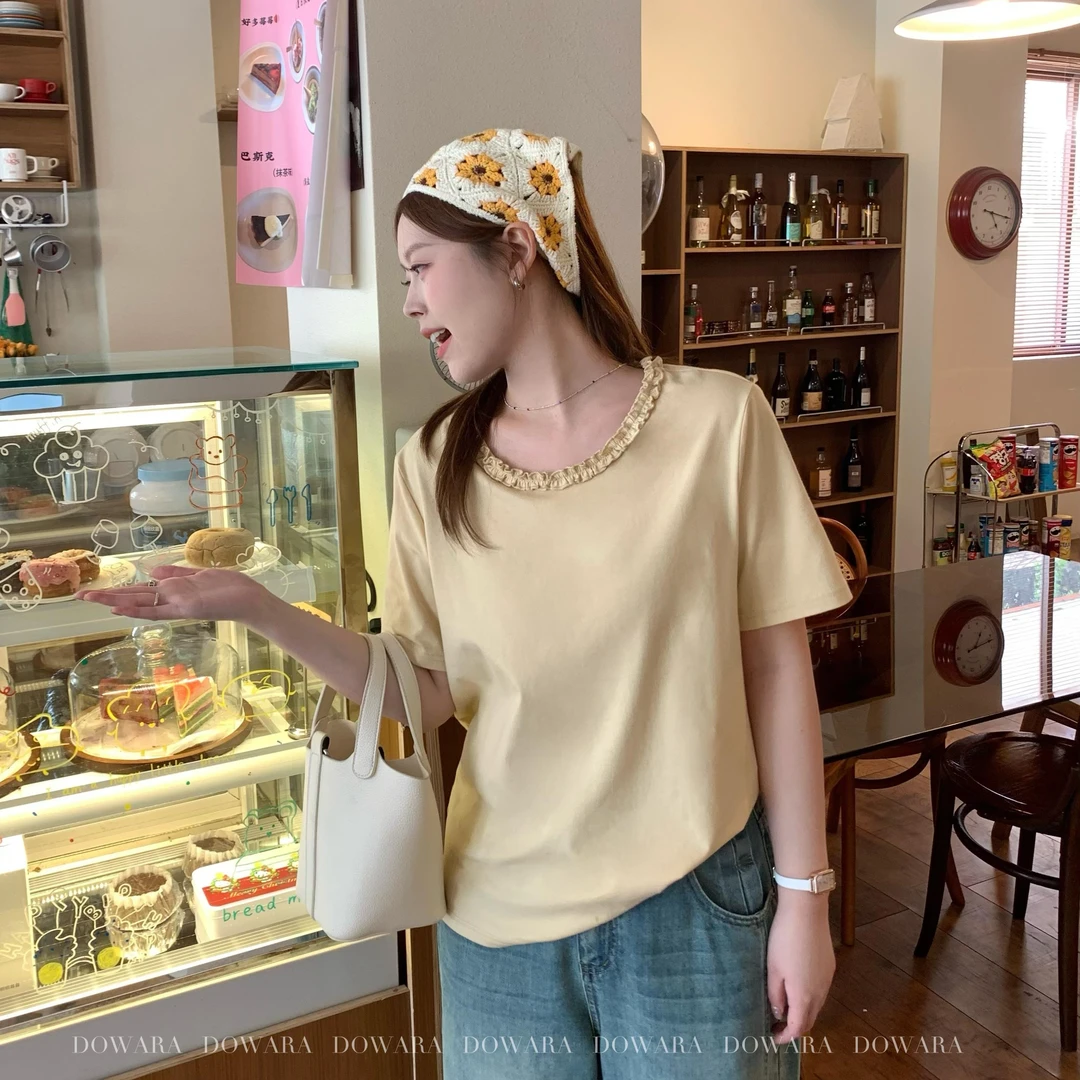 现货6957D大婉酱肉肉微胖定制韩系宽松休闲花边领口设计感短袖