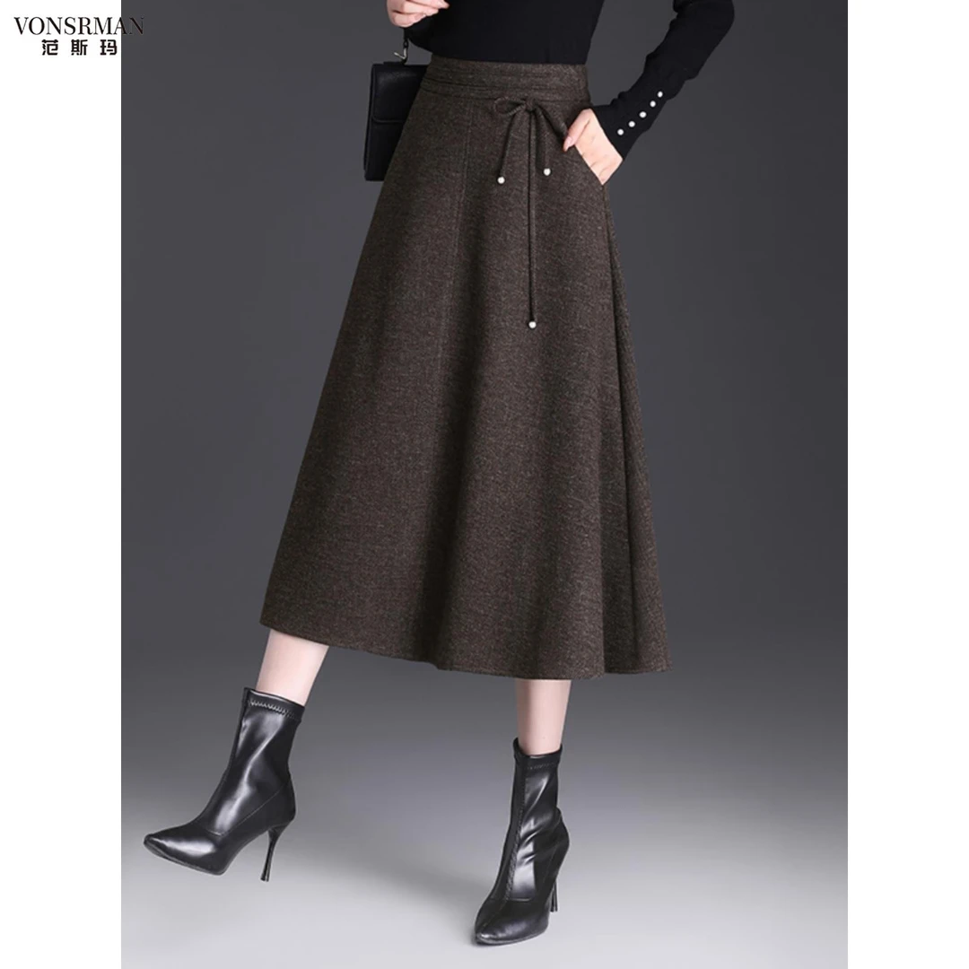 高端毛呢半身裙冬季中长款A字裙2025新款高腰显瘦过膝伞裙冬裙厚a