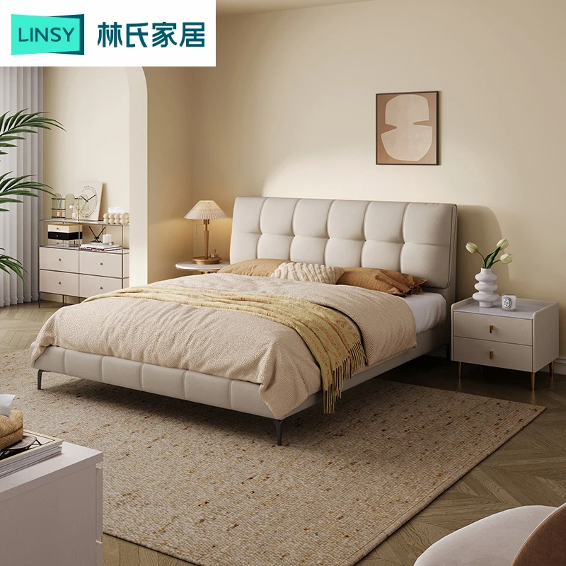 【凑单】林氏家居HY一博同款奶油风棋盘软包头层真皮床TPC149-C ZH