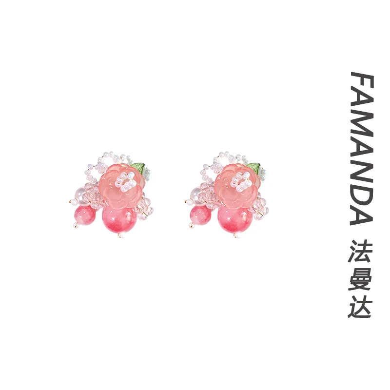 法曼达 铜合金亚克力耳饰 【橘花耳钉】百搭甜美粉红色轻奢拼色耳钉