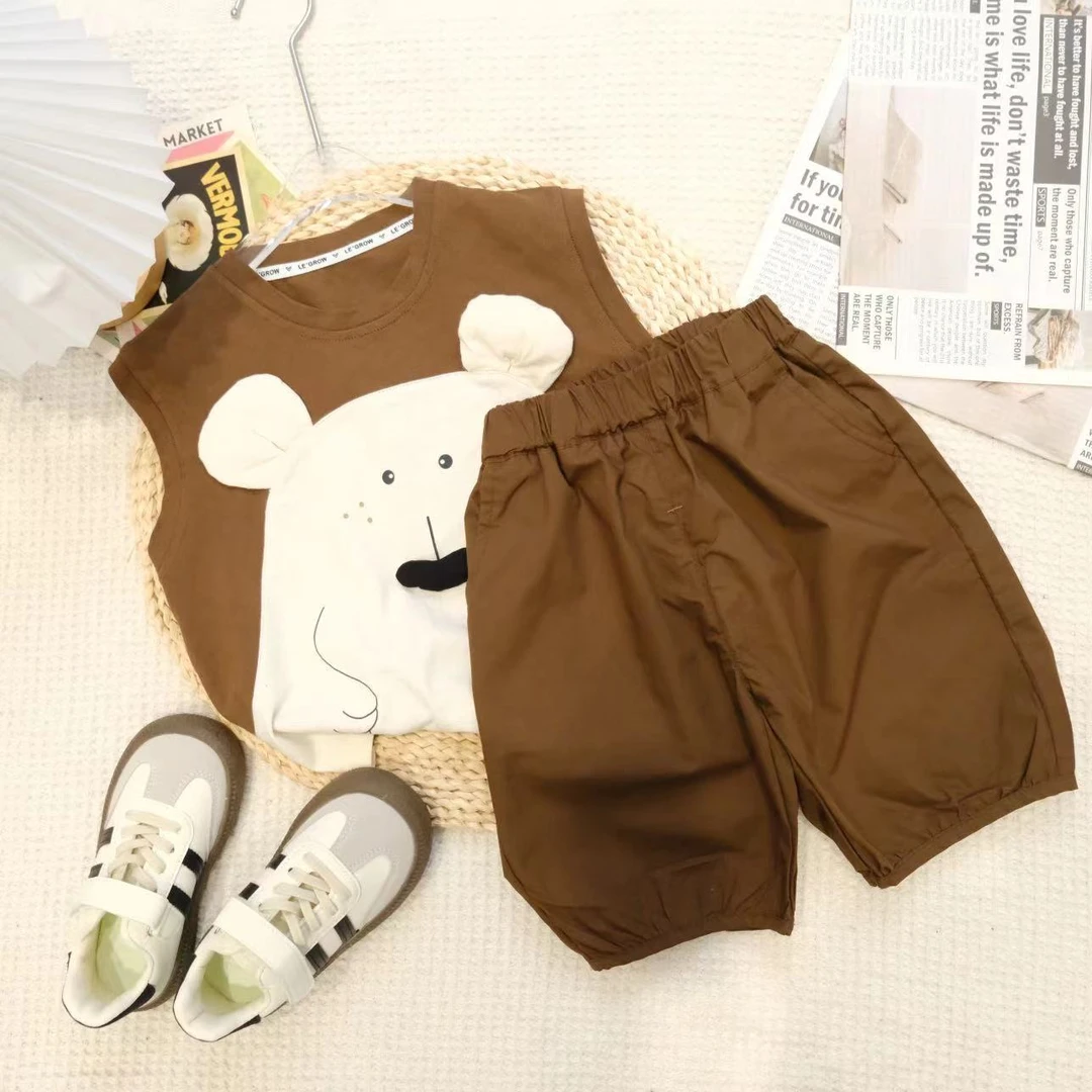 儿童夏季韩版卡通拼色小熊无袖两件套H-1038