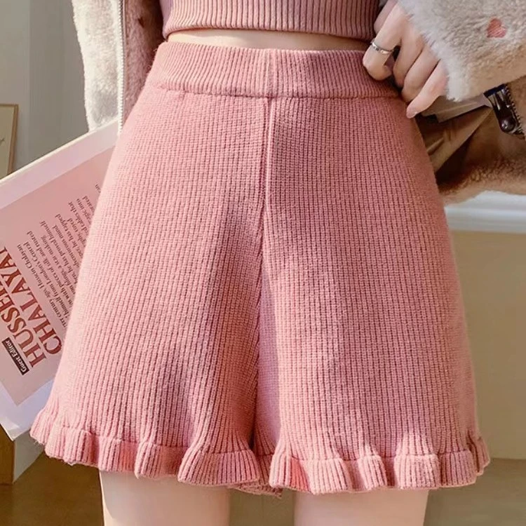 7815新款韩版小个子甜美纯色百搭修身打底松紧腰针织阔腿裤女