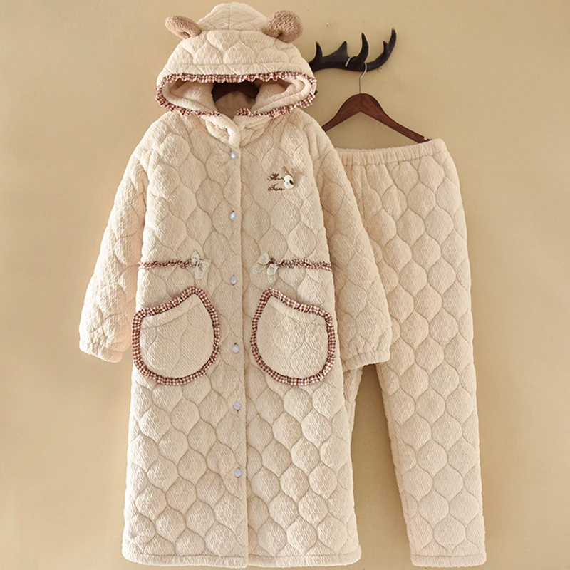 睡袍加裤子女冬季三层加厚夹棉冬天睡衣加长款家居服套装7002