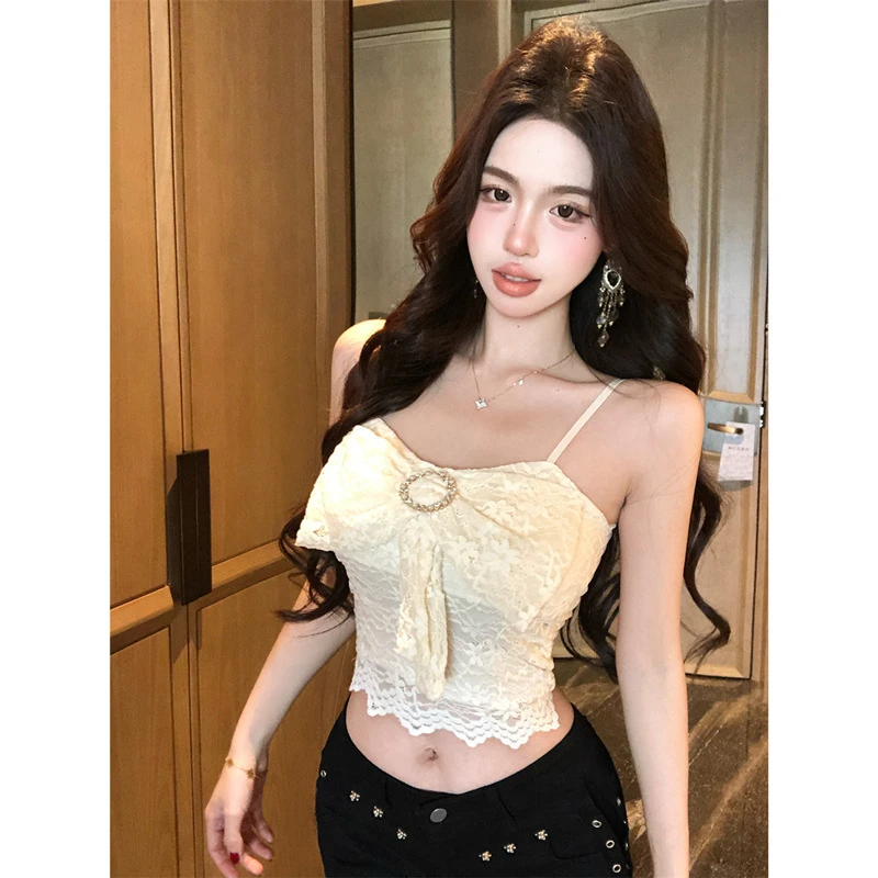 纯欲辣妹性感蕾丝蝴蝶结吊带背心女百搭修身显瘦打底外穿短款上衣