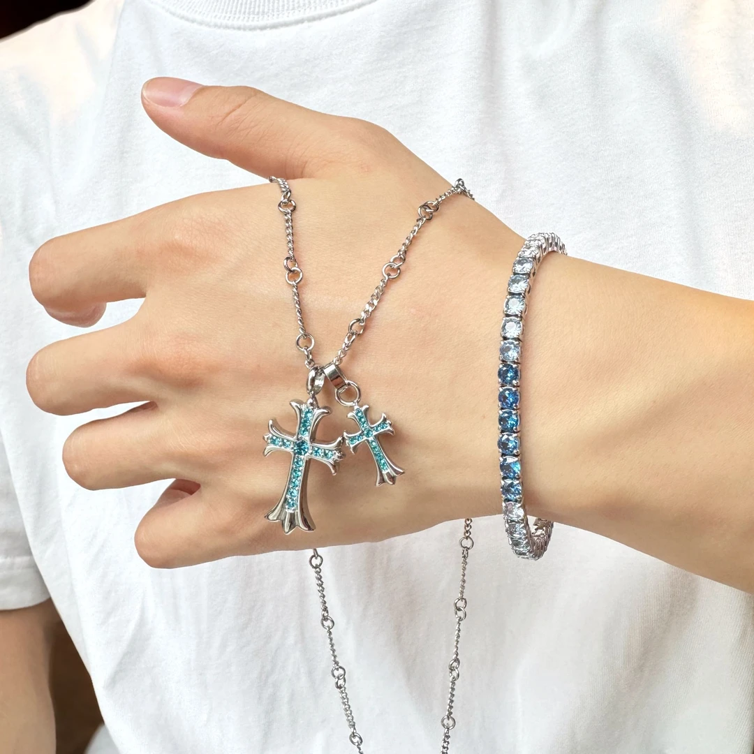 钛钢锆石项链 双十字架彩锆石男嘻哈街头百搭轻奢项链手链组合