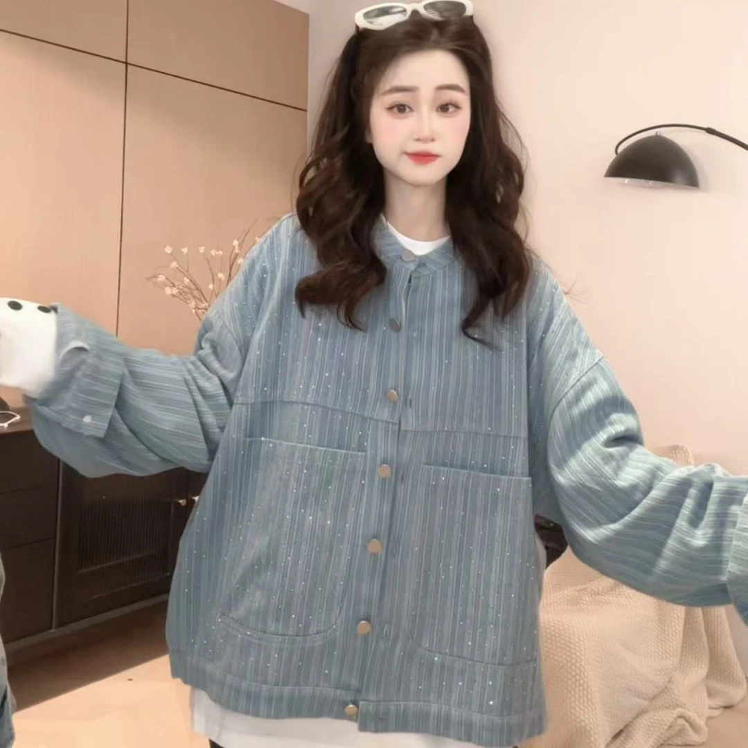 HUIERMAN/慧尔曼时尚设计师款韩版宽松烫钻牛仔外套【13132】