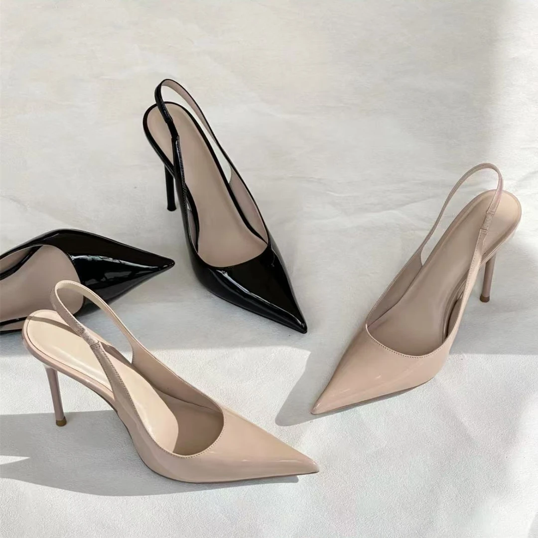 裸色尖头高跟鞋女2025年春夏新款气质百搭不累细跟包头后空凉鞋