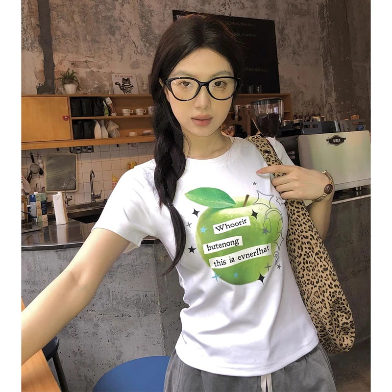 韩版苹果正肩短袖t恤水果印花夏季设计小众修身显瘦简约气质上衣