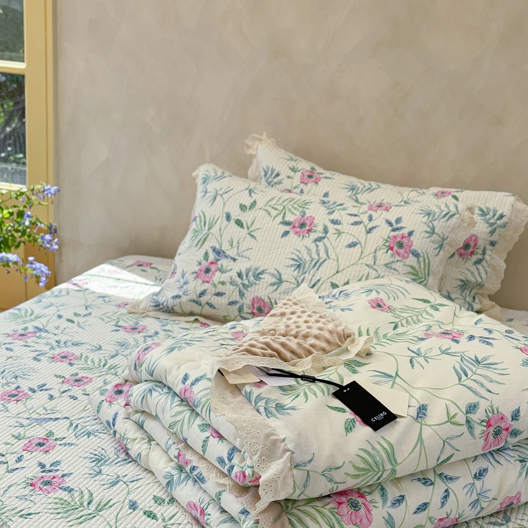 全棉花边床盖三件套+同款豆豆绒被子被芯机洗春秋被冬被加厚床单