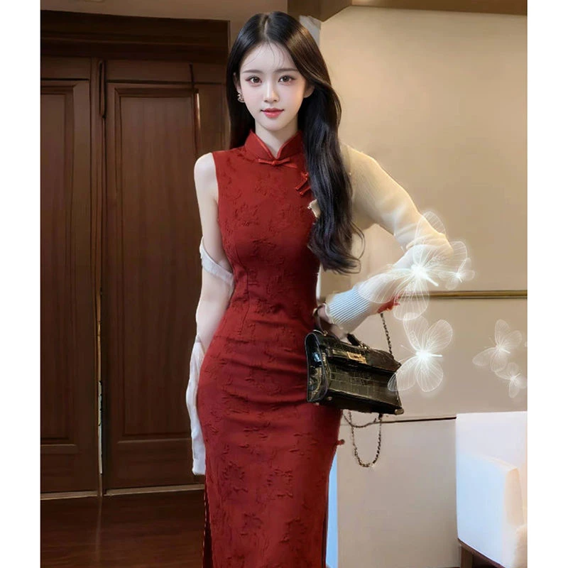 2025新中式国风复古提花红色改良旗袍连衣裙无袖开衩修身气质长裙