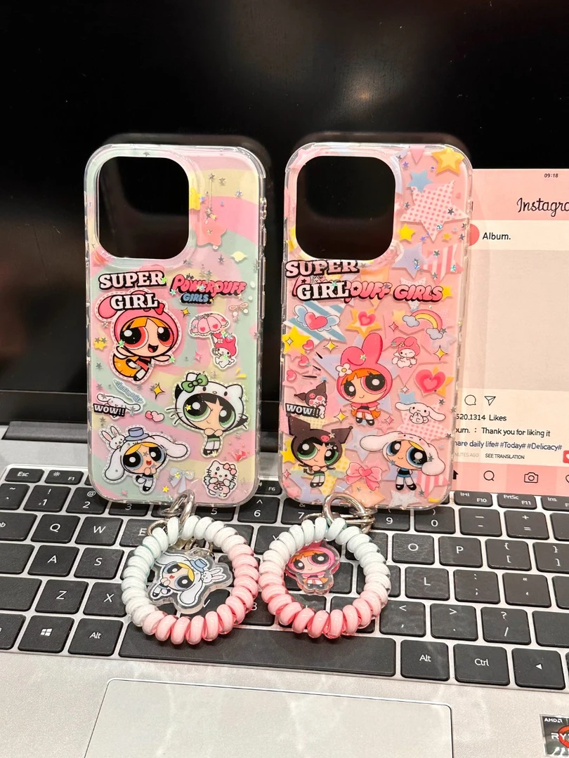 可爱彩虹飞天小女警电话绳吊牌适用苹果16/15/14/13防摔手机壳