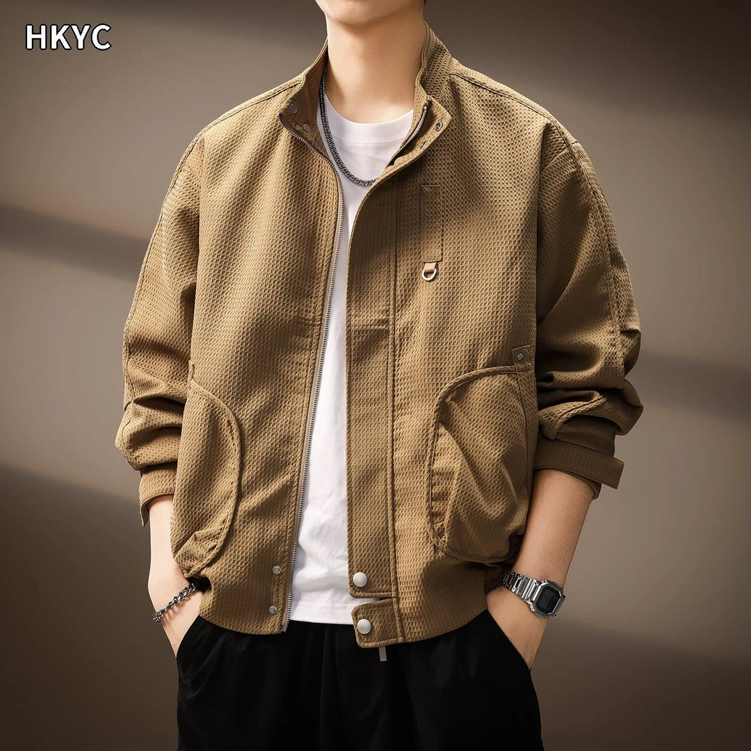 高端设计感潮流格纹纯色立领夹克男士秋季新款多口袋宽松百搭外套
