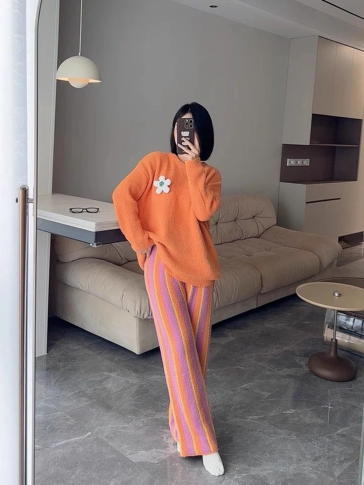 条纹款软绵绵睡衣女秋冬珊瑚绒加厚家居服套装冬季保暖舒适显高潮