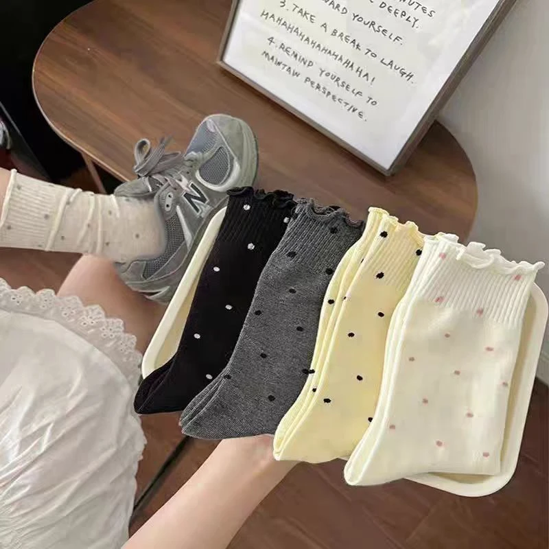 【5双装】木耳边波点堆堆袜子女中筒袜ins潮秋日系芭蕾风长袜