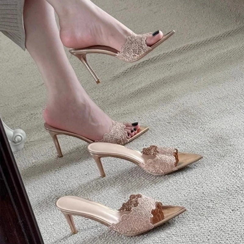 2025法式香槟色蕾丝高跟拖鞋女百搭细跟名媛小众尖头一字拖凉鞋夏