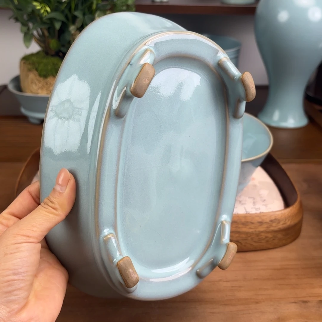 天青釉大号无钉水仙盆微瑕