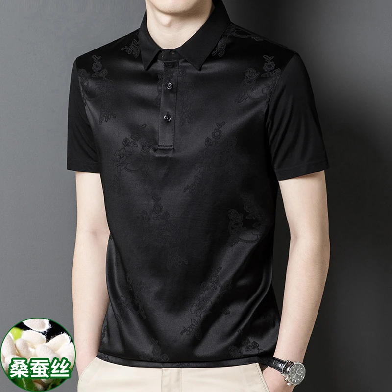 真丝92.6%桑蚕丝拼接短袖T恤男士中年夏装翻领短袖冰丝polo衫半袖