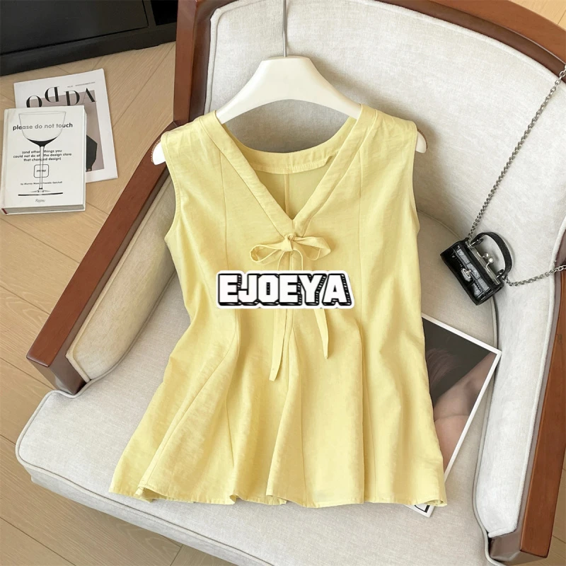 EJOEYA显瘦领无袖百搭背心女夏季新款洋气宽松气质纯色系带短袖