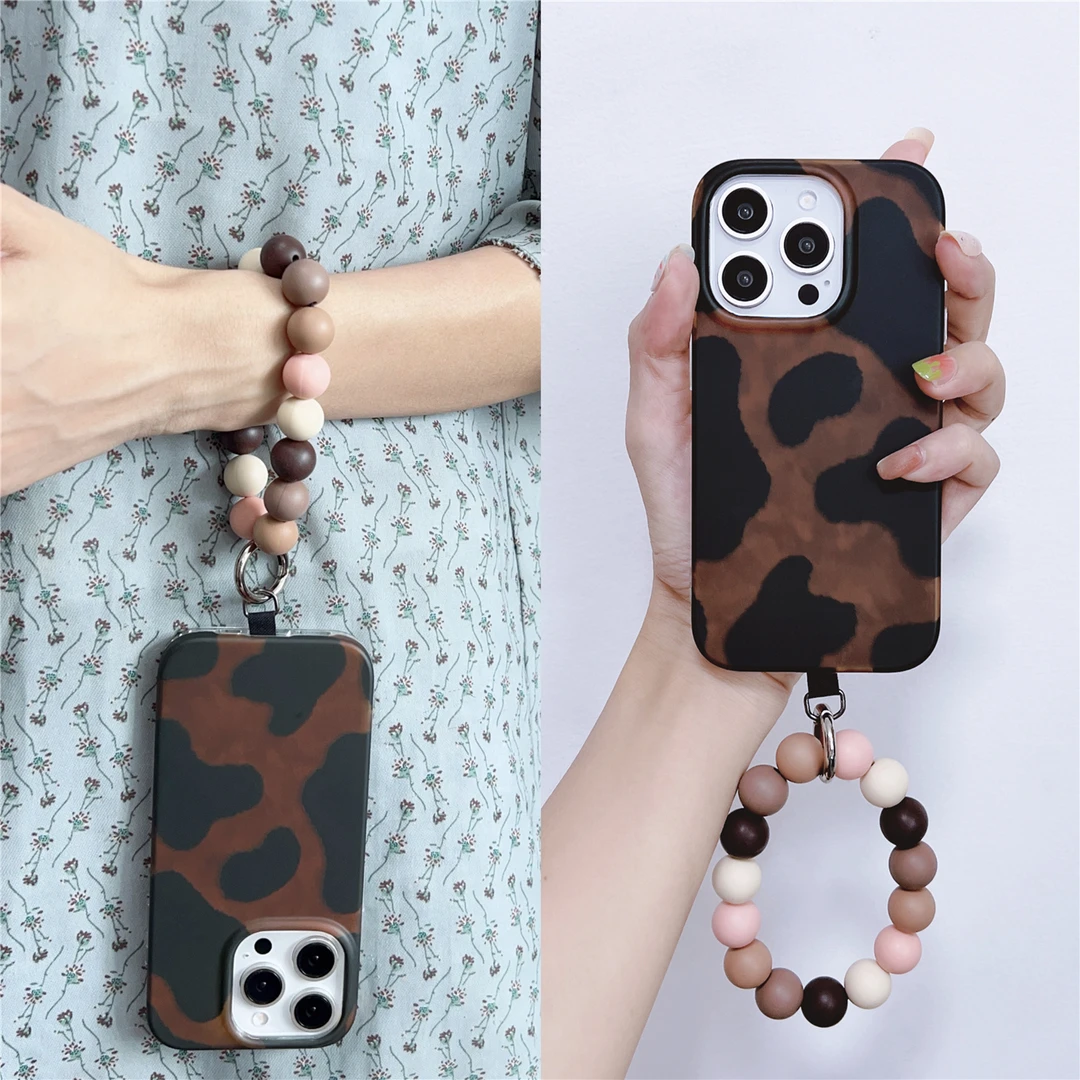 复古咖色豹纹撞色手拎串珠适用iphone17pro手机壳苹果16女款15/14