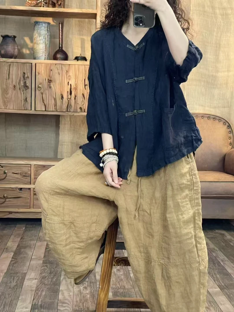 新品春夏季亚麻炒色做旧明线复古盘扣休闲上衣【衣长63胸围138】