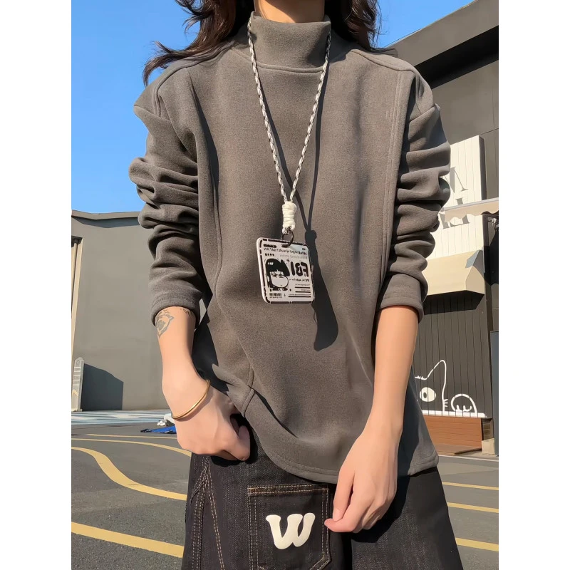 毛茸茸加绒加厚拼接长袖t恤美式双面德绒打底衫男秋冬半高领卫衣