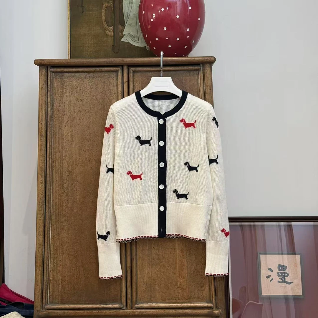 MYL2025春夏新品羊毛白色小狗针织开衫圆领套头休闲时尚针织衫