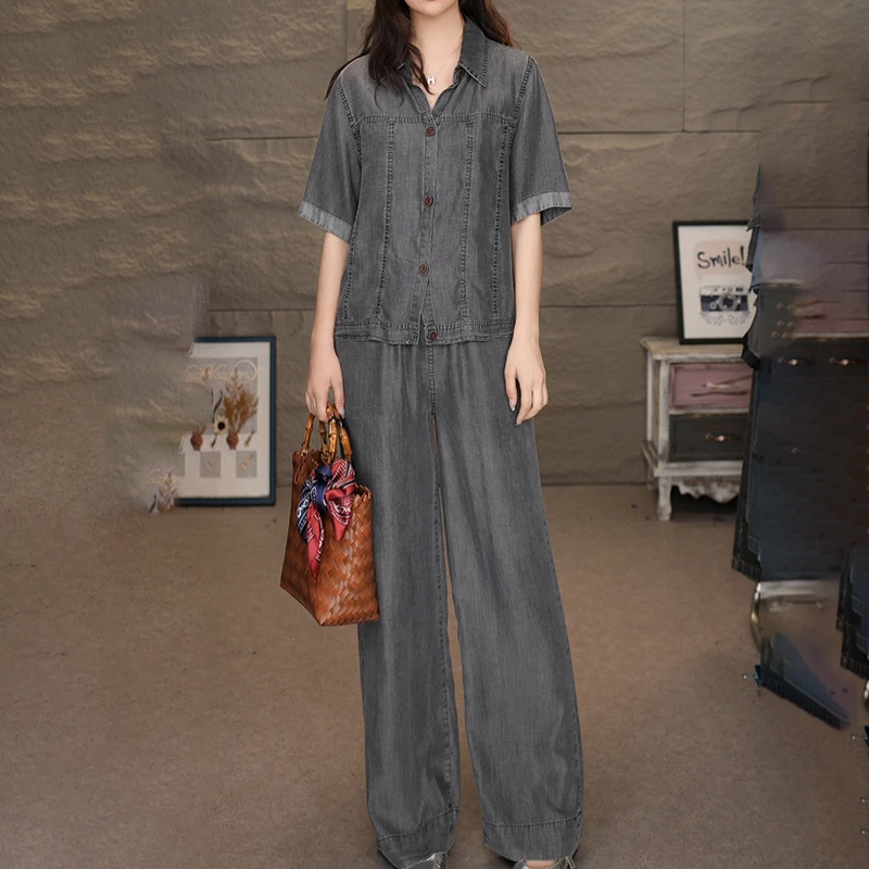 8713-6842黑套装2025夏季新款莱赛尔短袖衬衫裤子百搭上衣九分裤