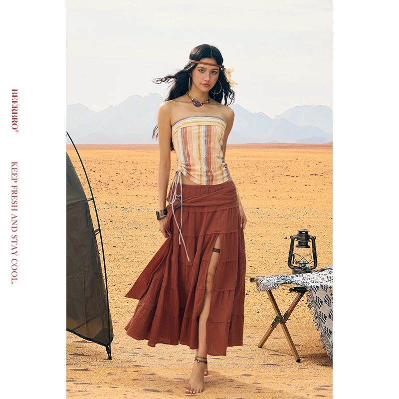 现货『非洲大迁徙』辣翻全场夏日彩条可抽褶紧身抹胸BZ25XLM0550