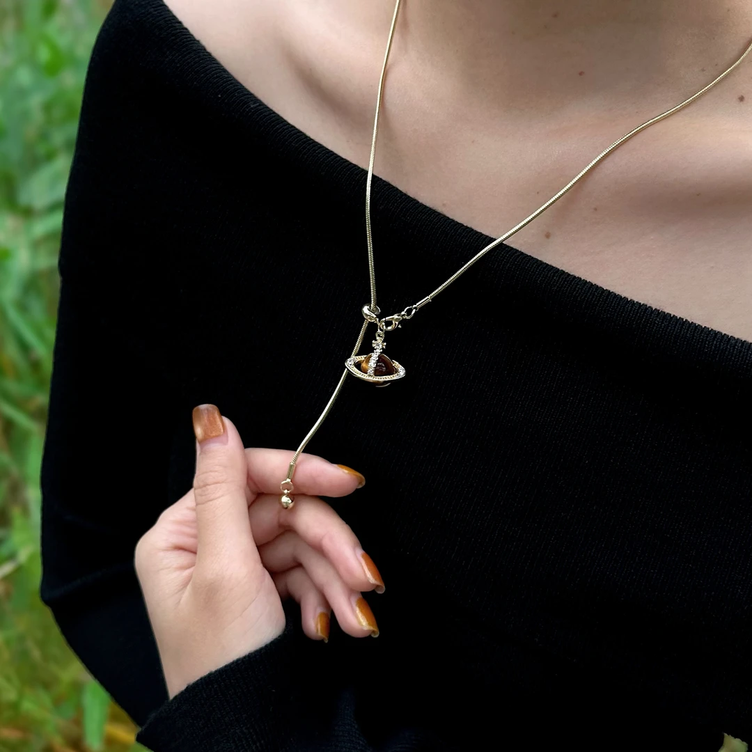 钛钢锆石项链 星球项链小众高级感女款项链可抽拉调节长款毛衣链