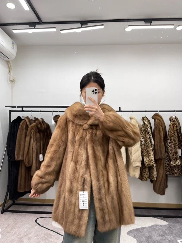 MM124(2XL)蜜棕色中古进口水貂毛外套，溜肩胸围114衣长76袖长68