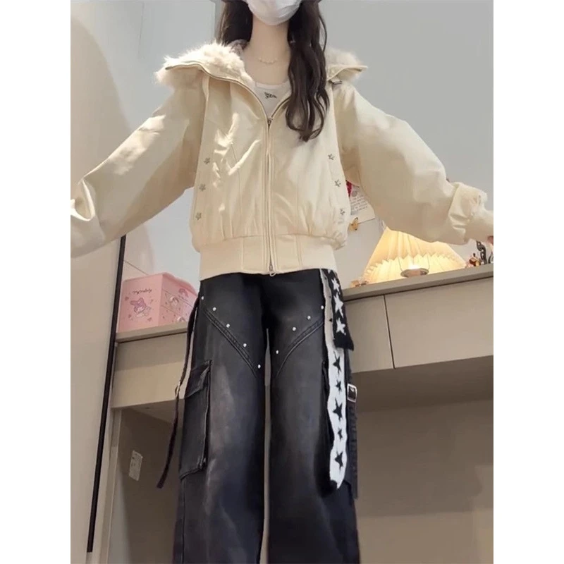 日系小个子复古杏色棉服外套冬季高级设计感牛仔裤宽松百搭套装女