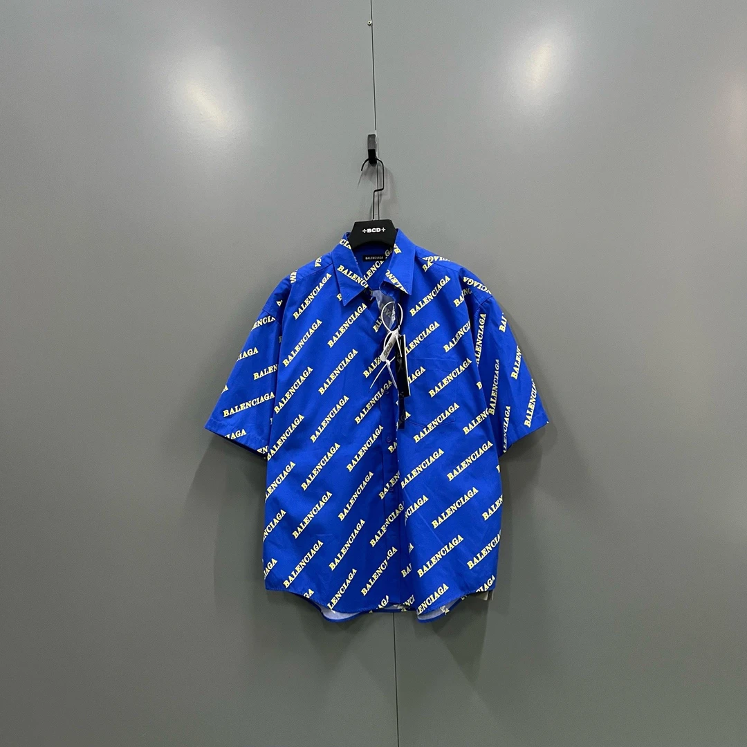 未使用 Balenciaga/巴黎世家 蓝色满印弹幕logo短袖衬衫 38码