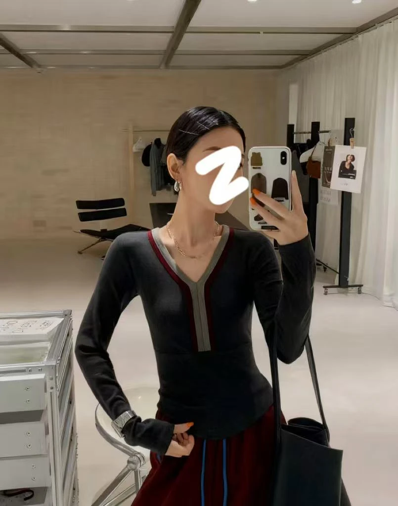 2025韩版秋冬休闲风撞色系V领打底衫T恤气质时尚秋季修身百搭9109