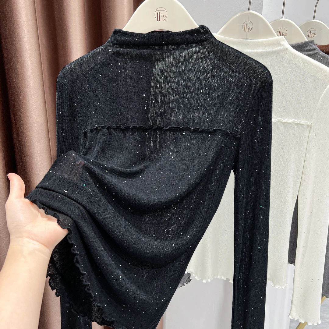 气质黑色长袖针织网纱T恤女秋冬新款时髦木耳边半高领打底衫上衣
