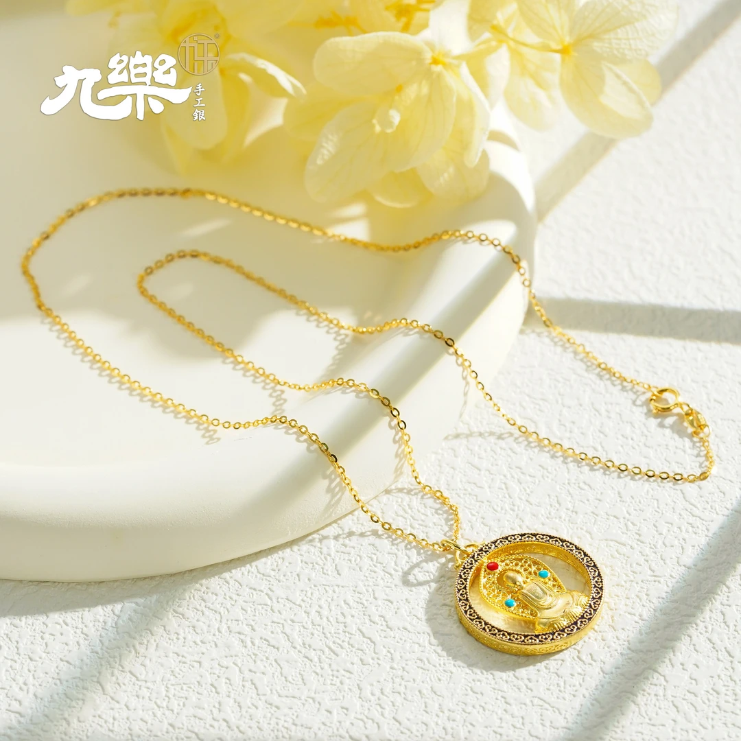 九乐 吊坠925银珐琅 镀金觉醒佛圆牌吊坠