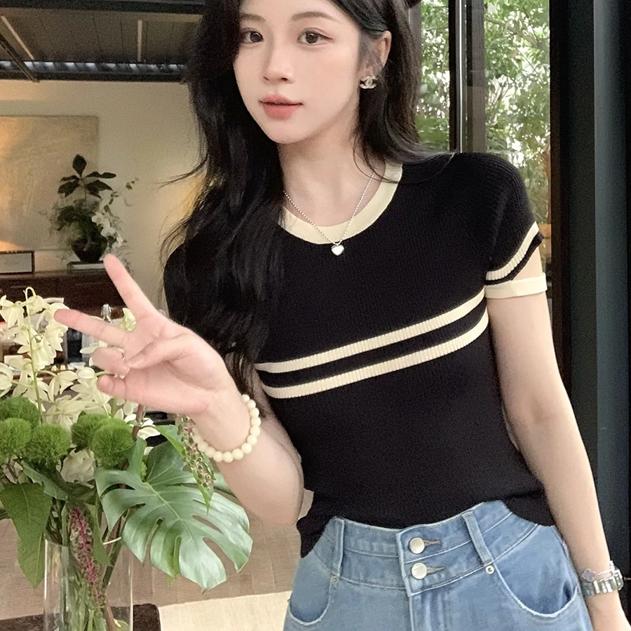 夏季撞色针织衫女上班族通勤风老钱风女装高级感小众独特漂亮小衫