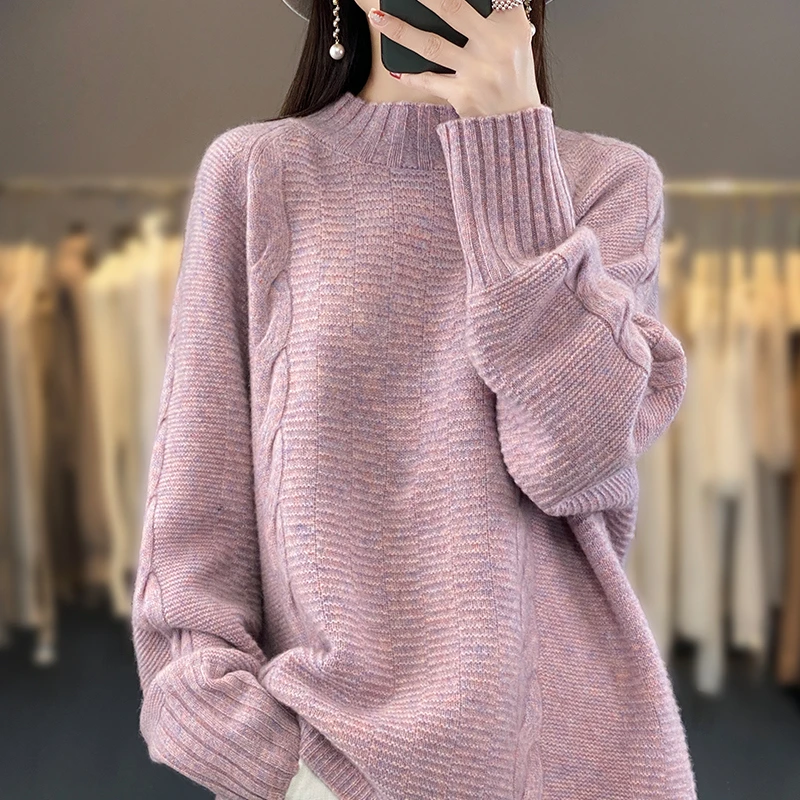 100%纯羊毛复古慵懒风羊毛衫加厚韩版时尚半高领针织衫宽松打底衫